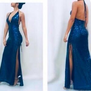Elegant Blue Sequin Halter Dress